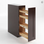 a wooden cabinet with a sliding door, brown cabinets, rta cabinets