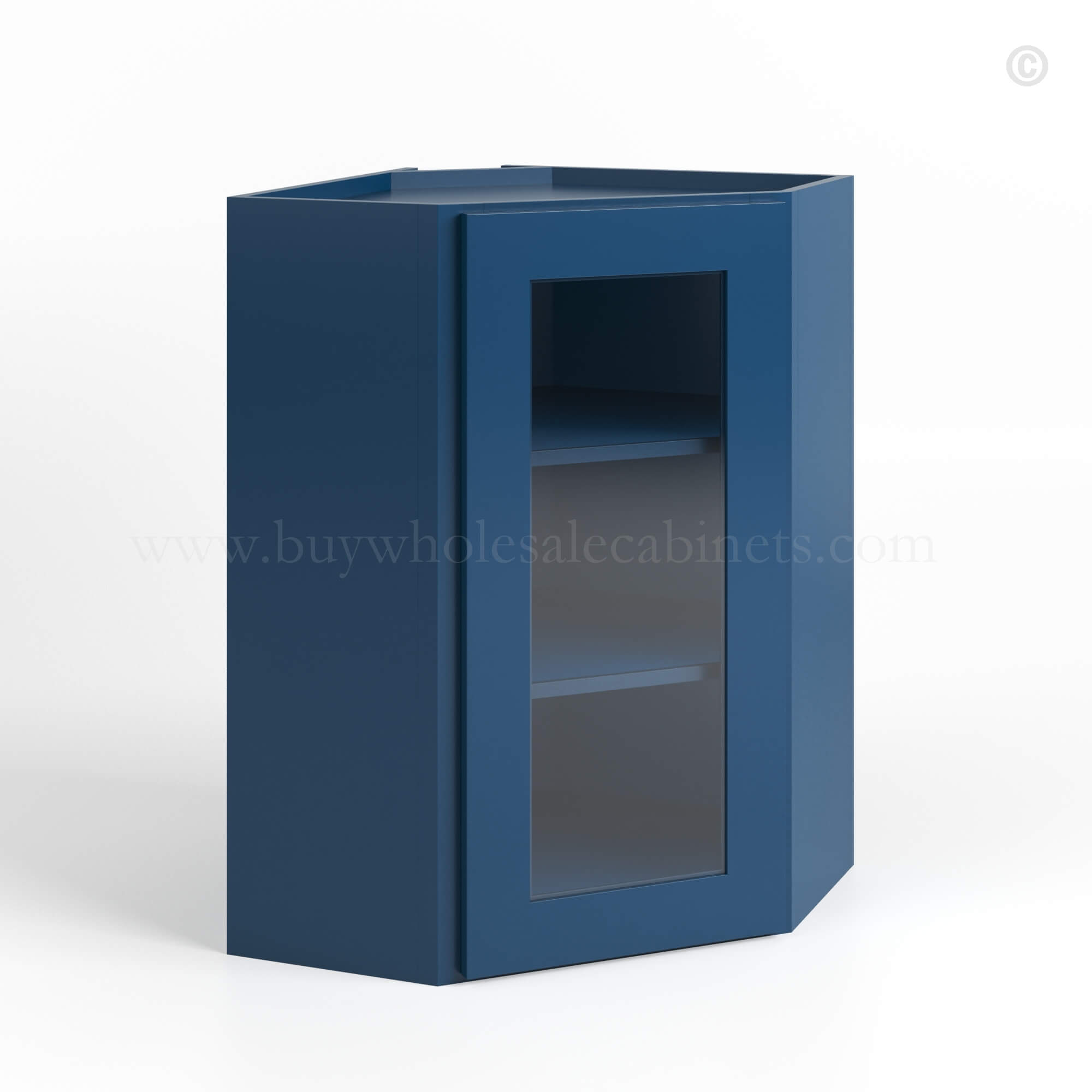 Navy Blue Shaker 24 Diagonal Corner Wall Cabinet with Glass Door
