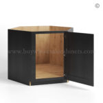 a black cabinet with a door open, black kitchen cabinets, rta cabinets