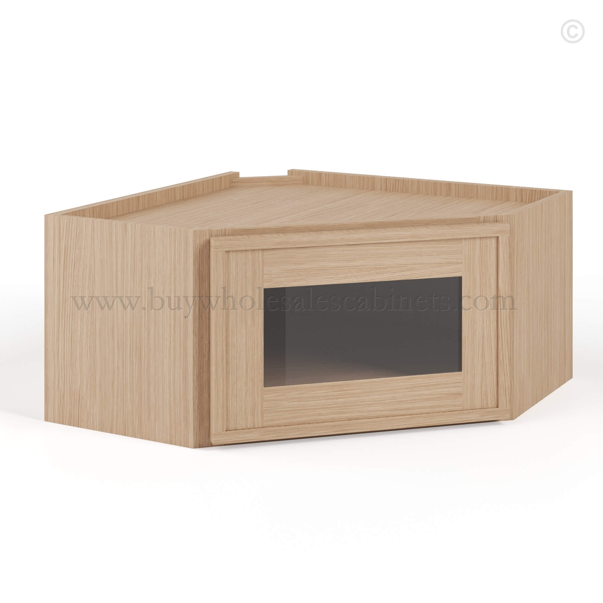 Slim Oak Shaker Diagonal Corner Wall Shelf with Glass Door, rta cabinets, wholesale cabinets