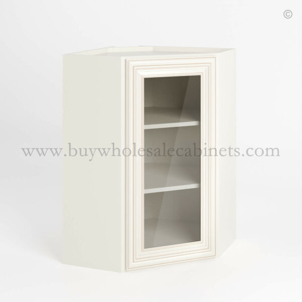 Charleston White Raised Panel 24 Diagonal Corner Wall Cabinet with Glass Door