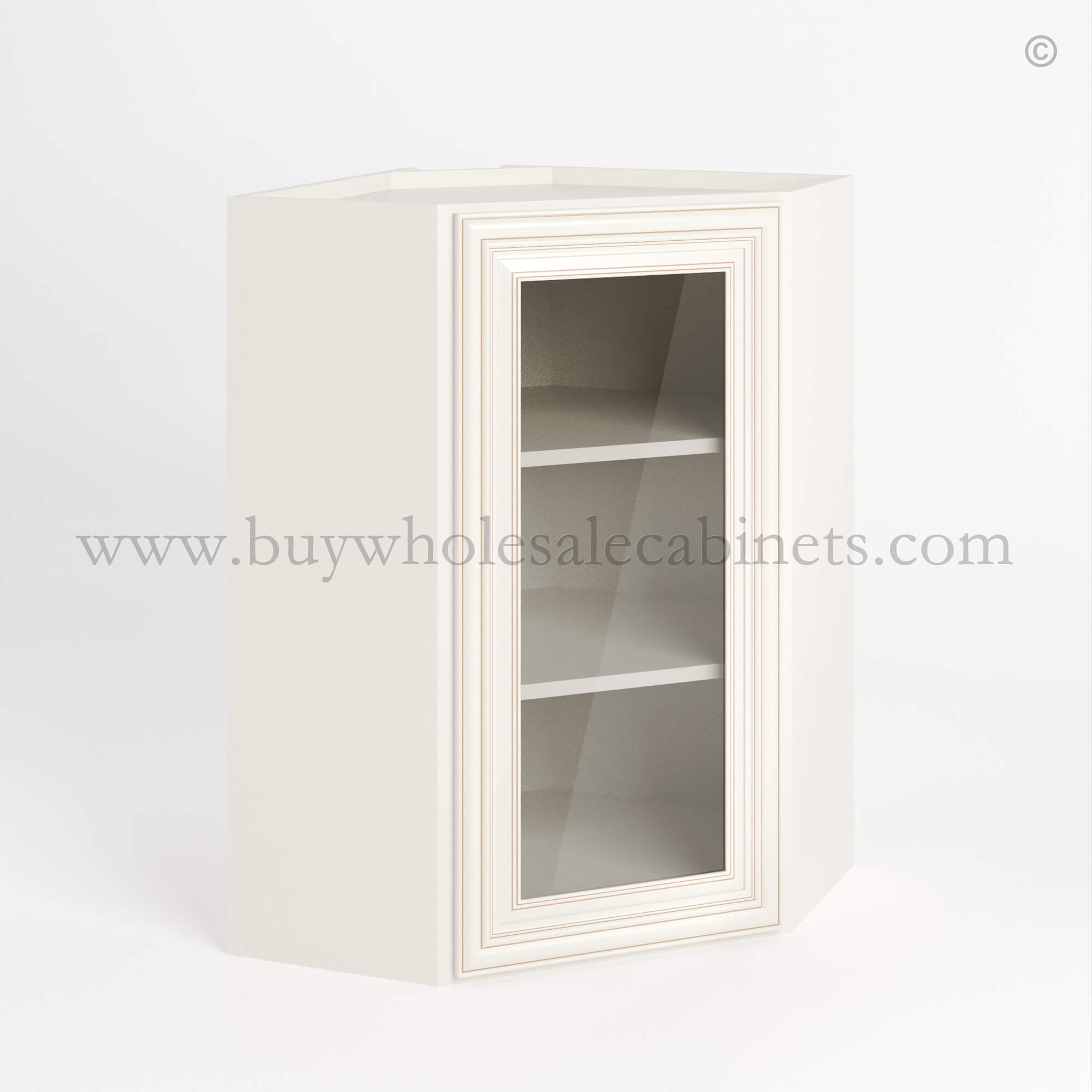 Charleston White Raised Panel 24 Diagonal Corner Wall Cabinet with Glass Door