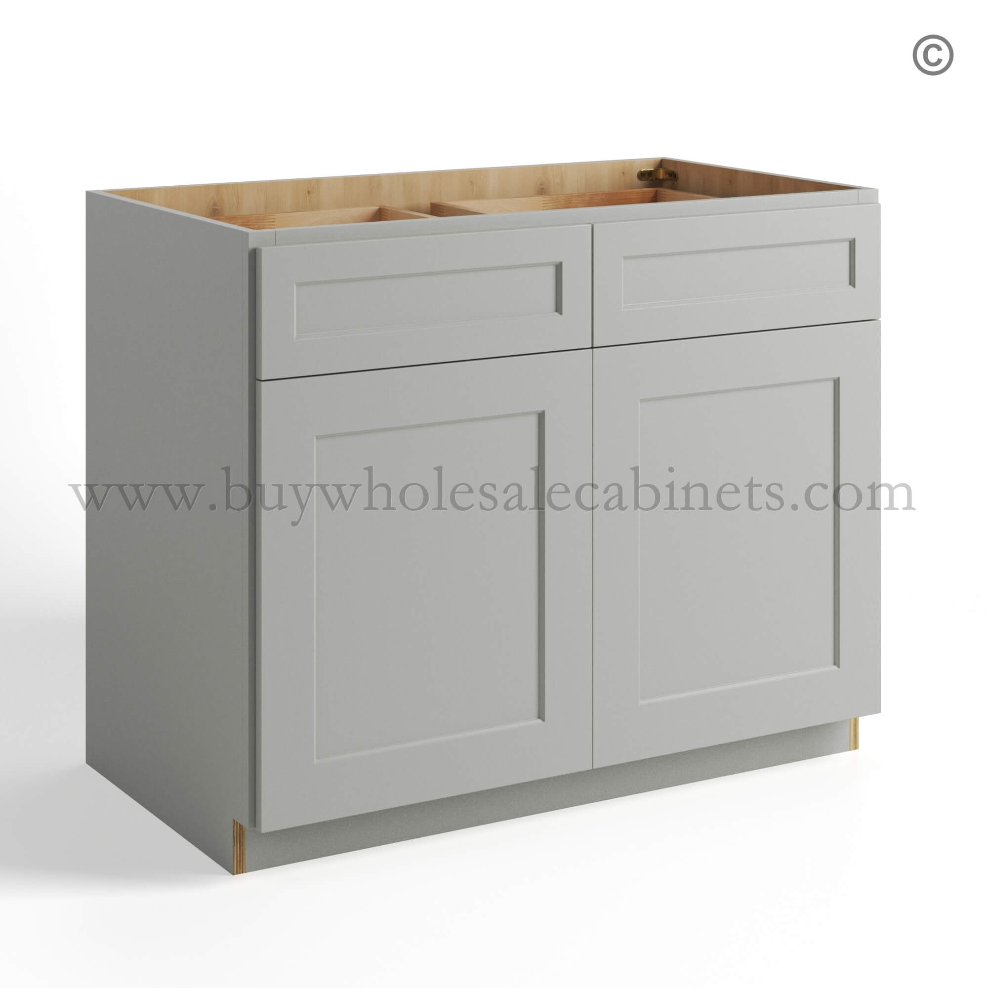 Dorian Gray Shaker Base Cabinet Double Doors and Double Drawer, rta cabinets, wholesale cabinets, gray kitchen cabinets