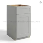 dorian gray shaker base trash cabinet with single door and drawer closed, rta cabinets