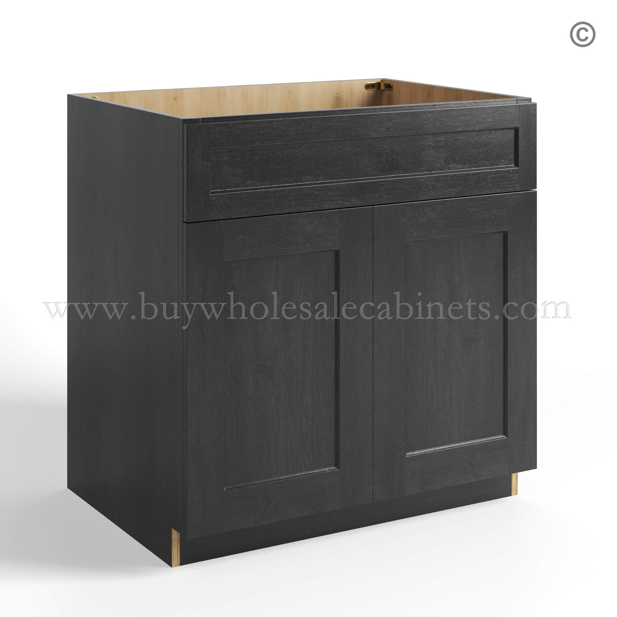 charcoal black shaker sink base cabinet with two doors and one false drawer closed, rta cabinets